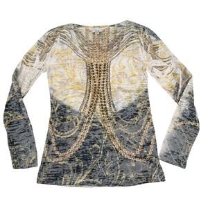 Caché Y2K Burnout Knit Embellished T-Shirt Studded Stretch Distressed Graphic